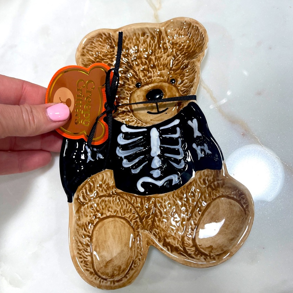 Halloween Teddy Bear Skeleton Costume Ceramic Spoon rest Trinket Tray  NWT - Picture 2 of 4